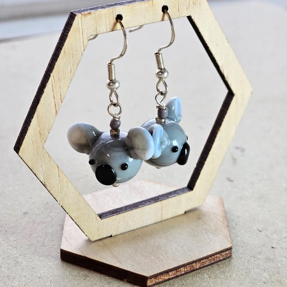 Handmade Koala Bear Glass Drop Earrings Grey Animal Novelty‎ Jewelry Australia